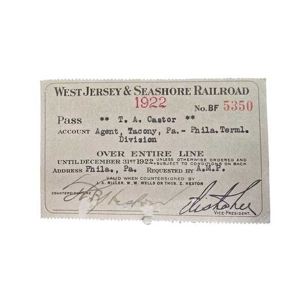 West Jersey & Seashore Railroad 1922 Agent Pass For Entire Line - Picture 1 of 4